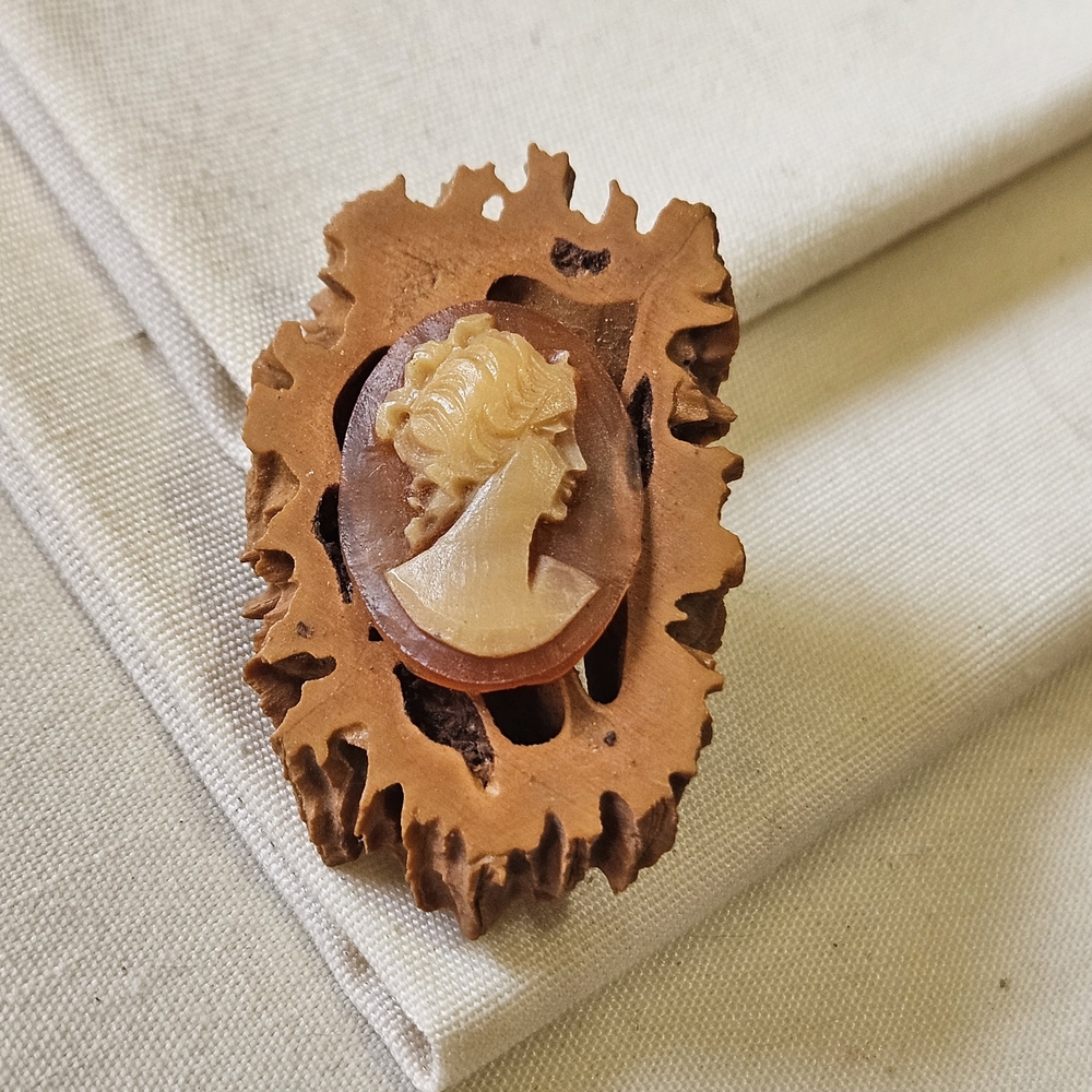 Vintage Cameo Carved Portrait Unique Natural Walnut Shell Frame